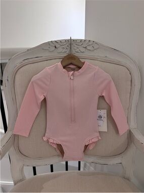 🩰 18~24 Mth Long-Sleeve Pink Ballet Baby One-Piece Swimsuit with Ruffle Trim NWT